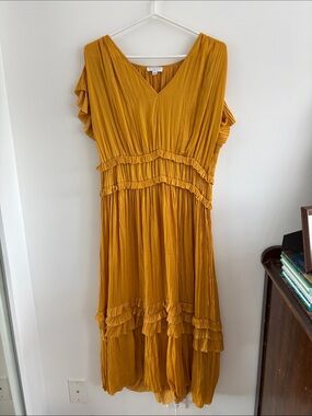 Current Air Mustard Ruffle Tiered Midi Dress